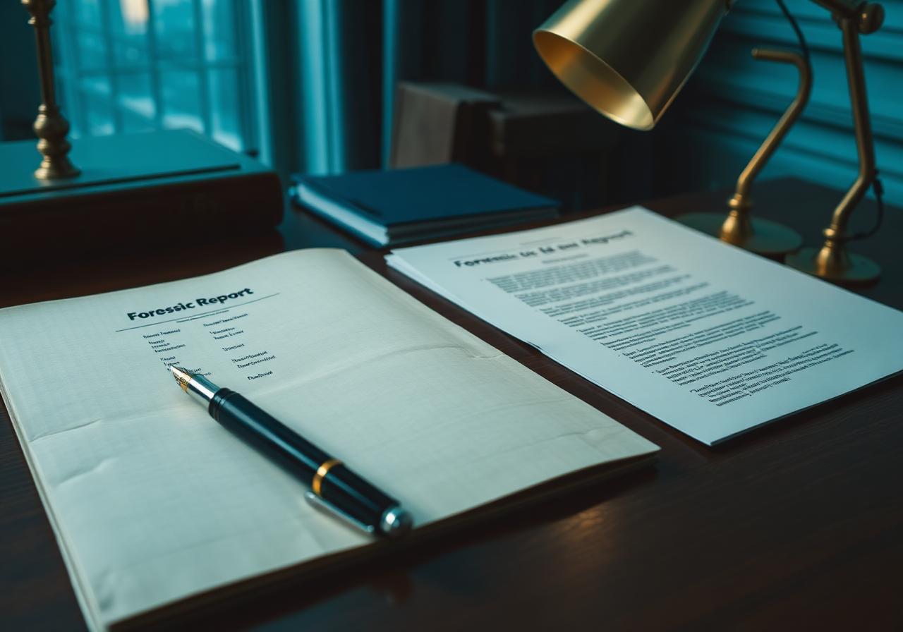 Solicitor's desk with a forensic report and annexures prepared for a domestic violence matter.