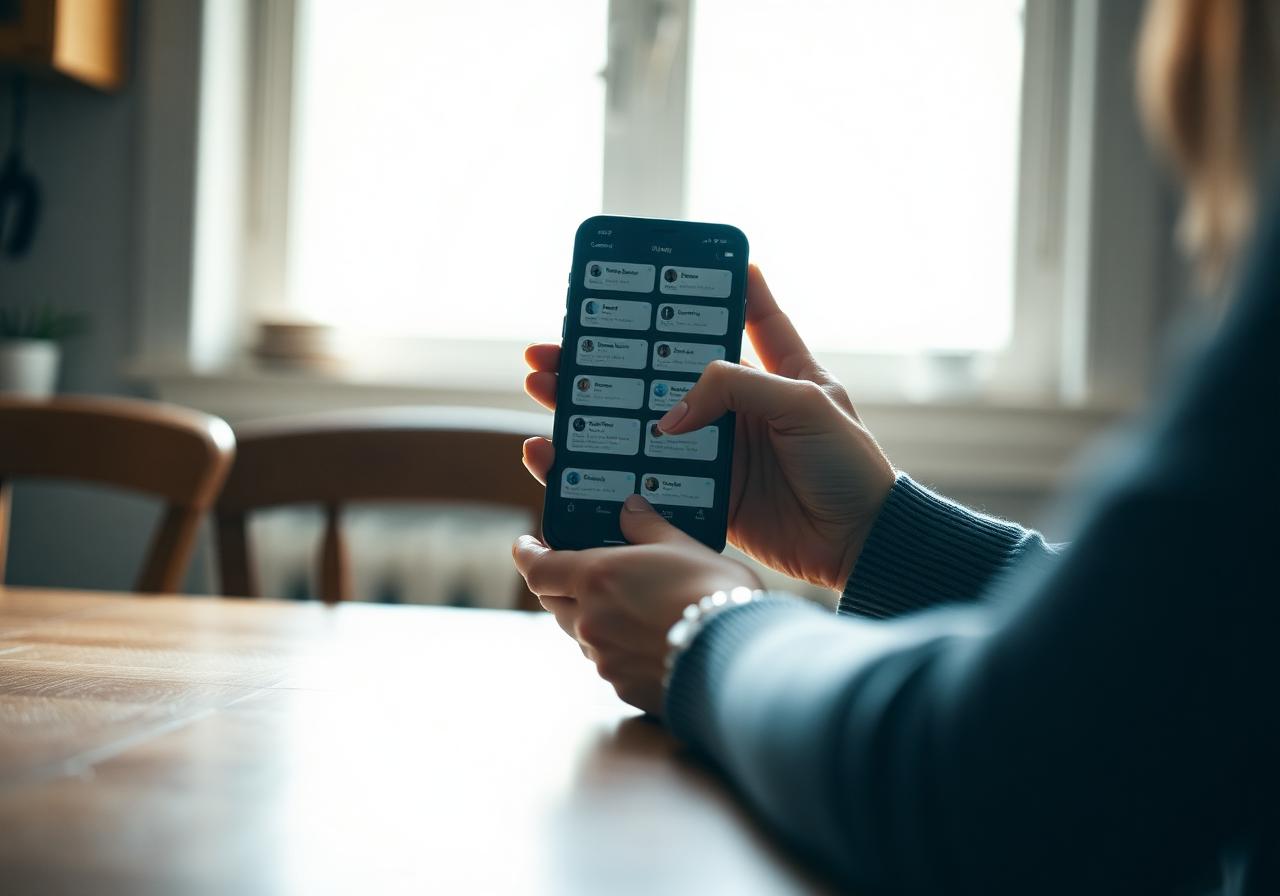 A person reviewing messages on a phone in a quiet domestic setting — representing confidential digital evidence work for domestic violence matters.