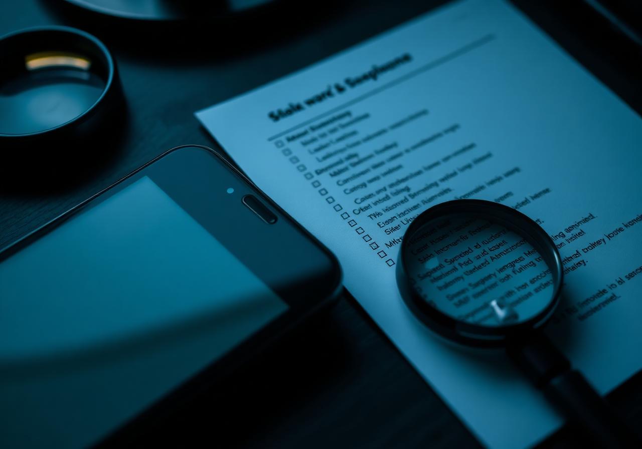 Forensic stalkerware examination — a phone, magnifier and a checklist of suspicious indicators.